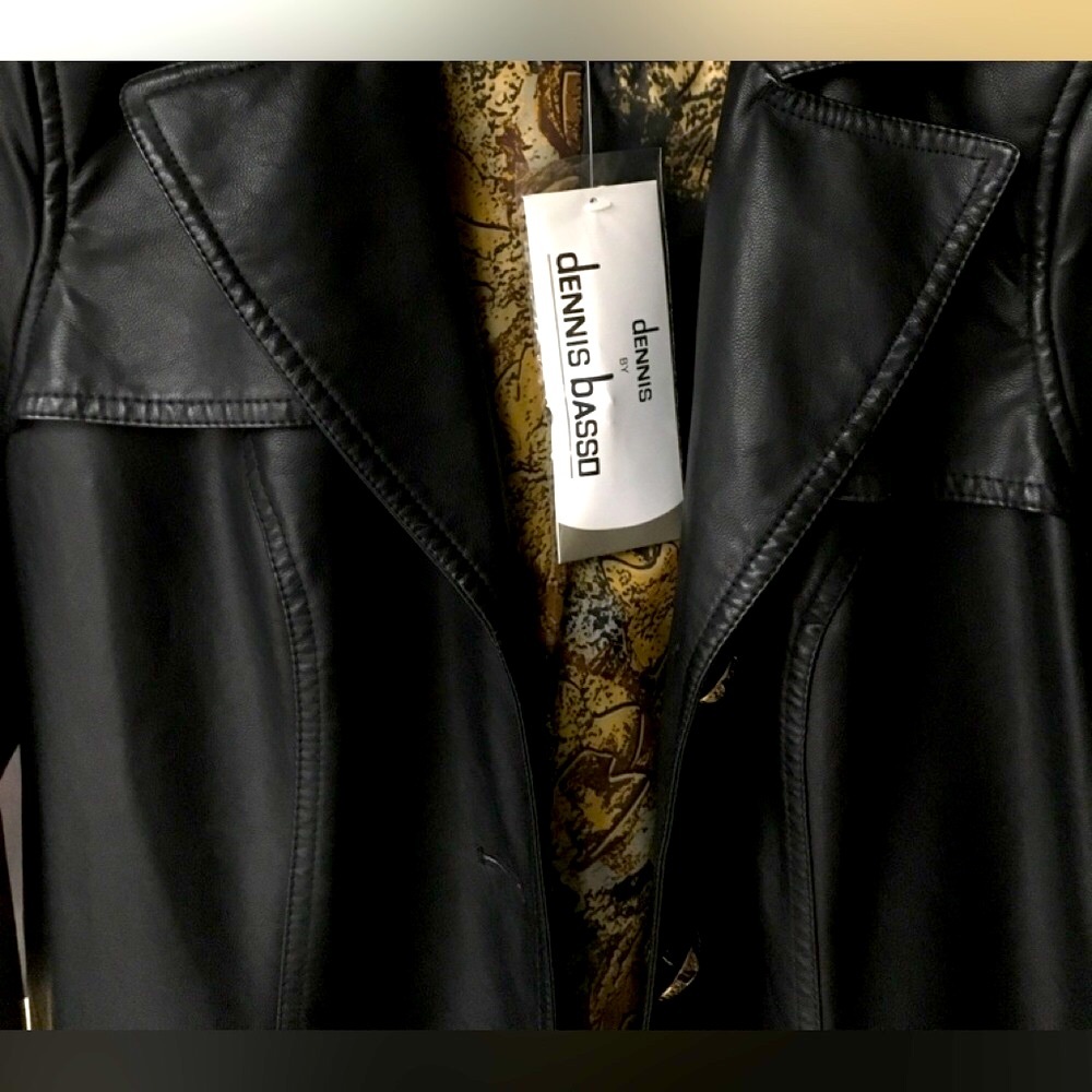 DENNIS BASSO Trench coat Black faux leather Full length Vintage SMALL a Classic - Picture 14 of 17